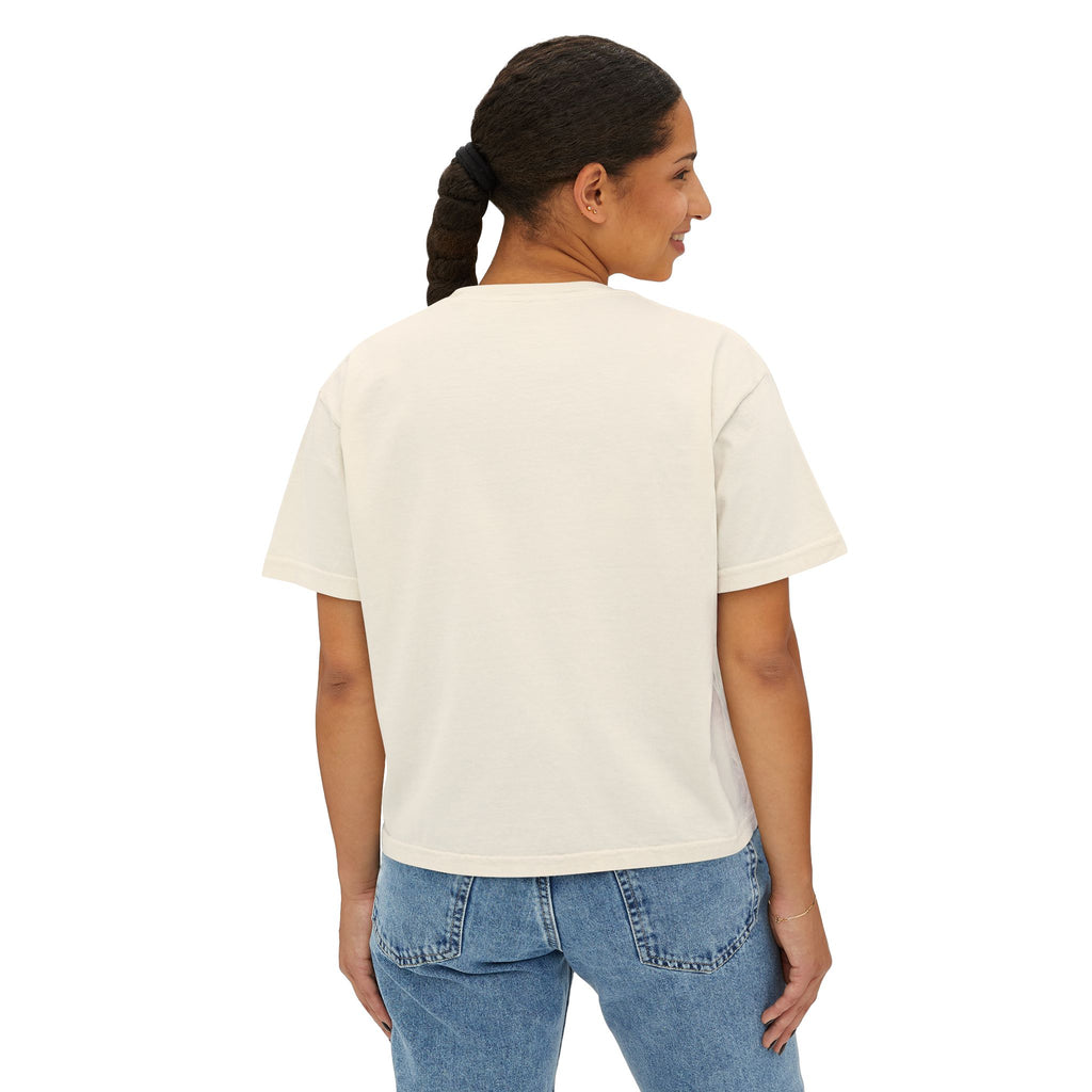 Women’s Boxy Tee — “More Coffee Less Hustle” Minimal Graphic Crop Shirt