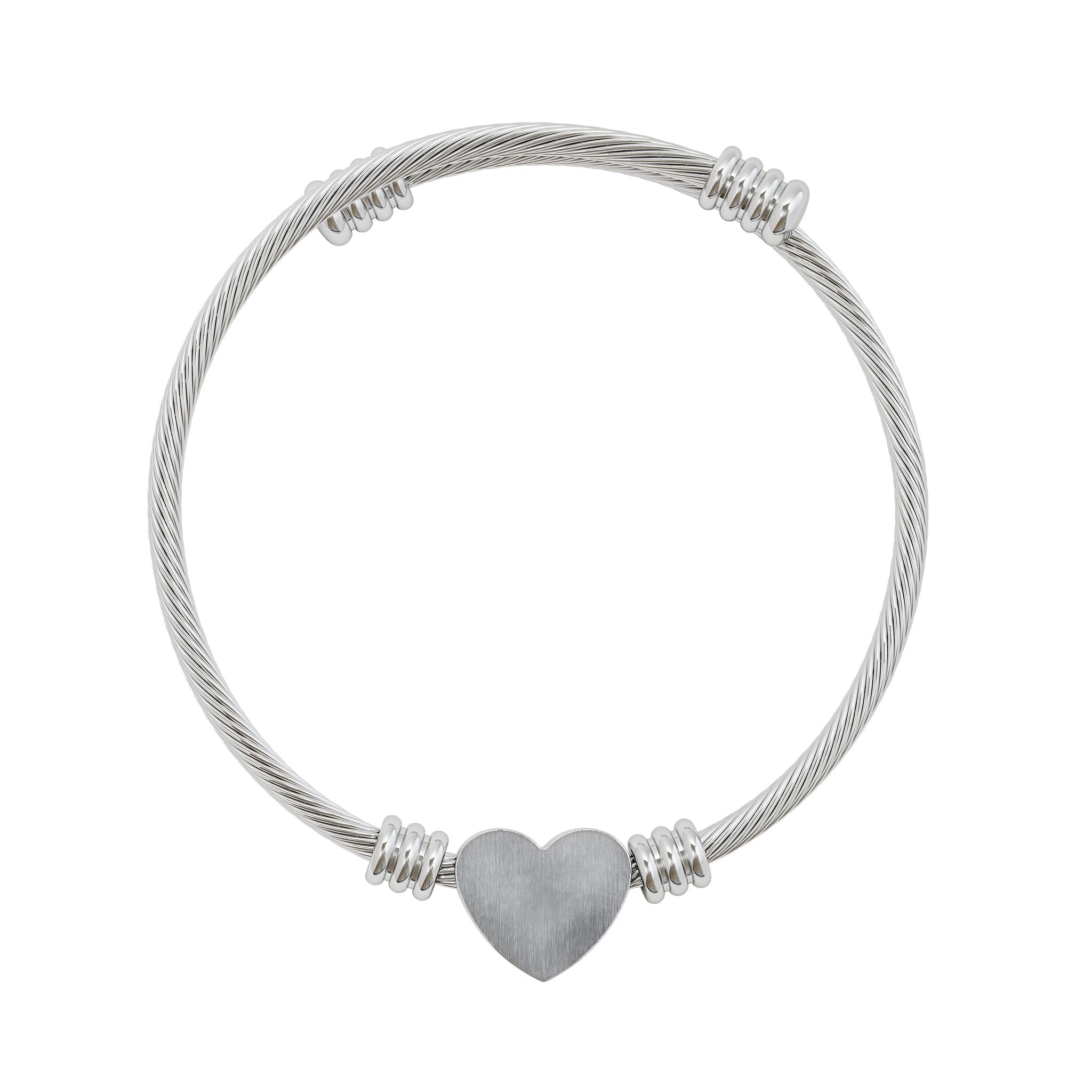 Engravable Heart Cuff Bracelet — Adjustable Silver Heart Cable Bangle, Personalized Gift for Her