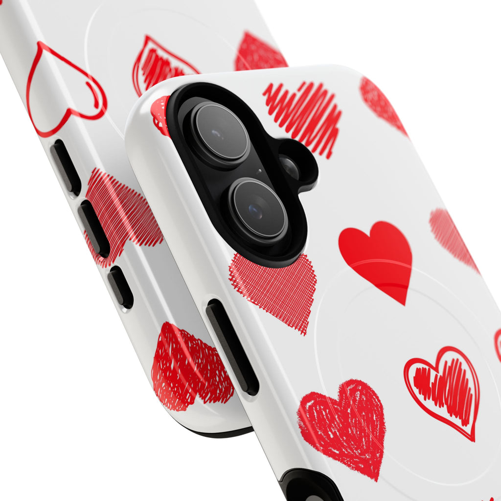Heart Pattern Tough Magnetic Phone Case — Red Scribble Hearts, Protective Magnetic Snap-On