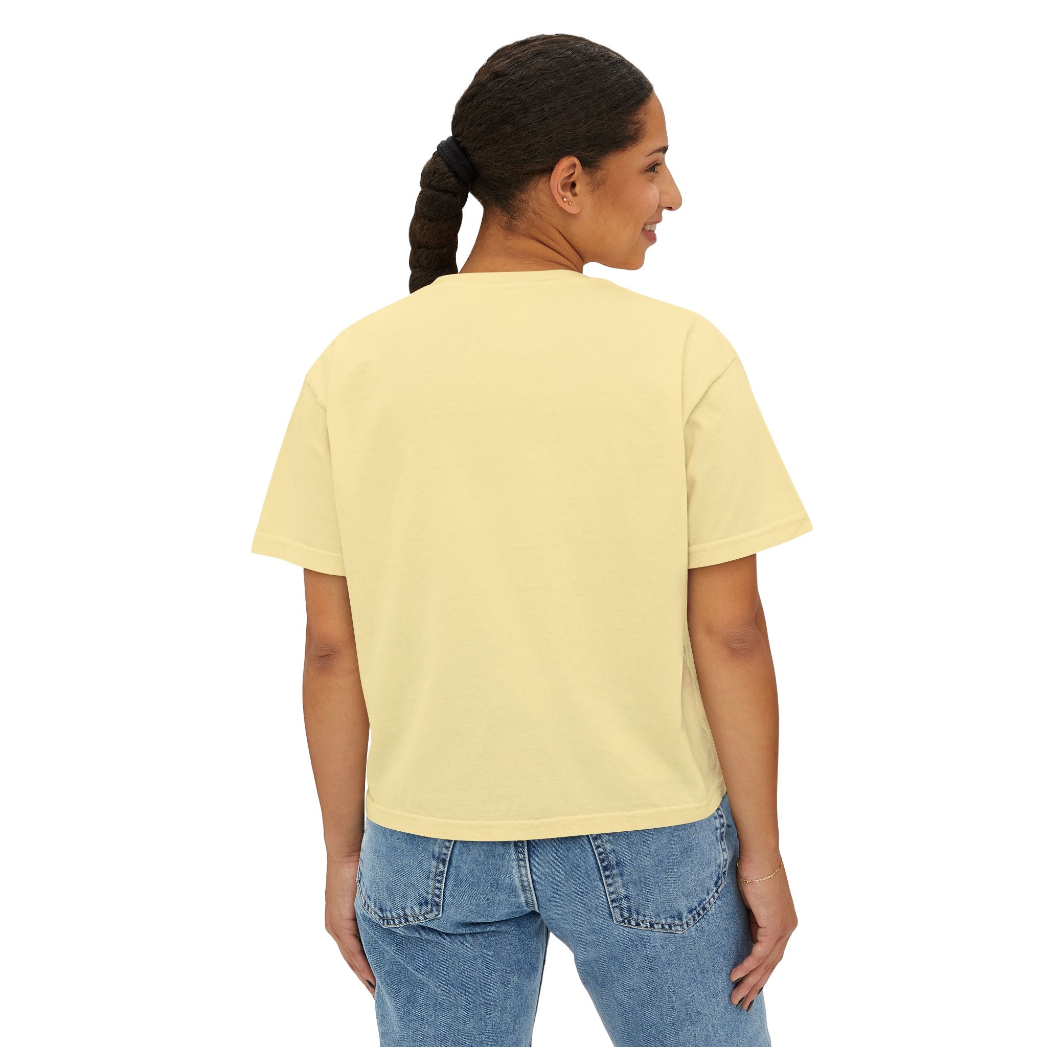 Women’s Boxy Tee — “More Coffee Less Hustle” Minimal Graphic Crop Shirt