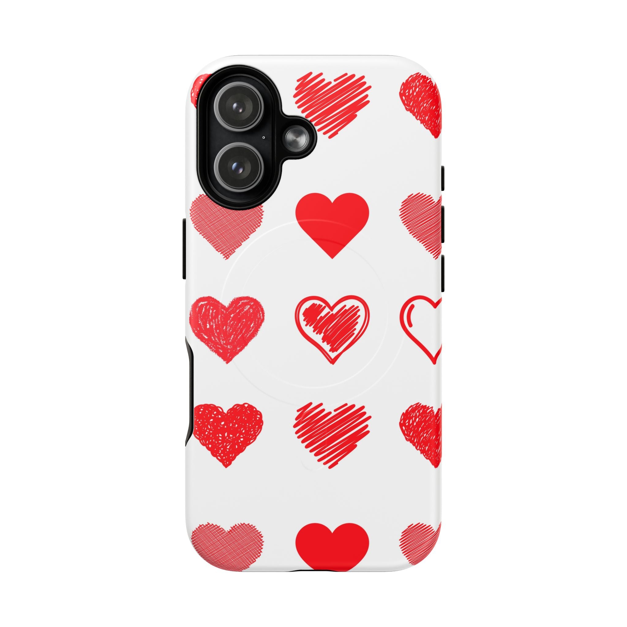 Heart Pattern Tough Magnetic Phone Case — Red Scribble Hearts, Protective Magnetic Snap-On
