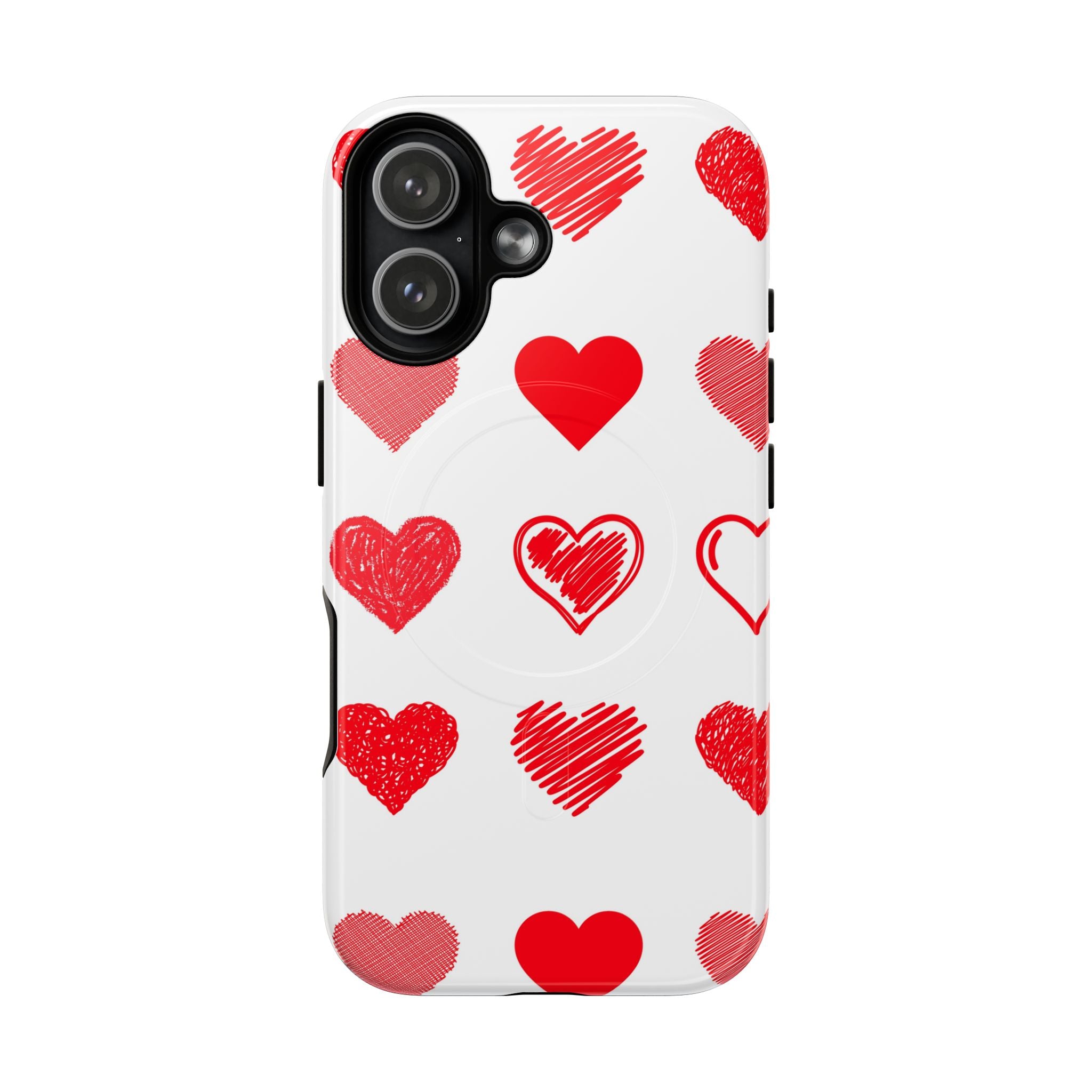 Heart Pattern Tough Magnetic Phone Case — Red Scribble Hearts, Protective Magnetic Snap-On
