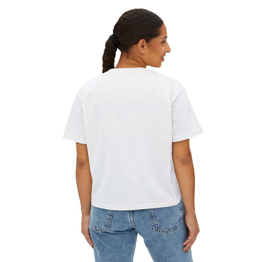 Women’s Boxy Tee — “More Coffee Less Hustle” Minimal Graphic Crop Shirt