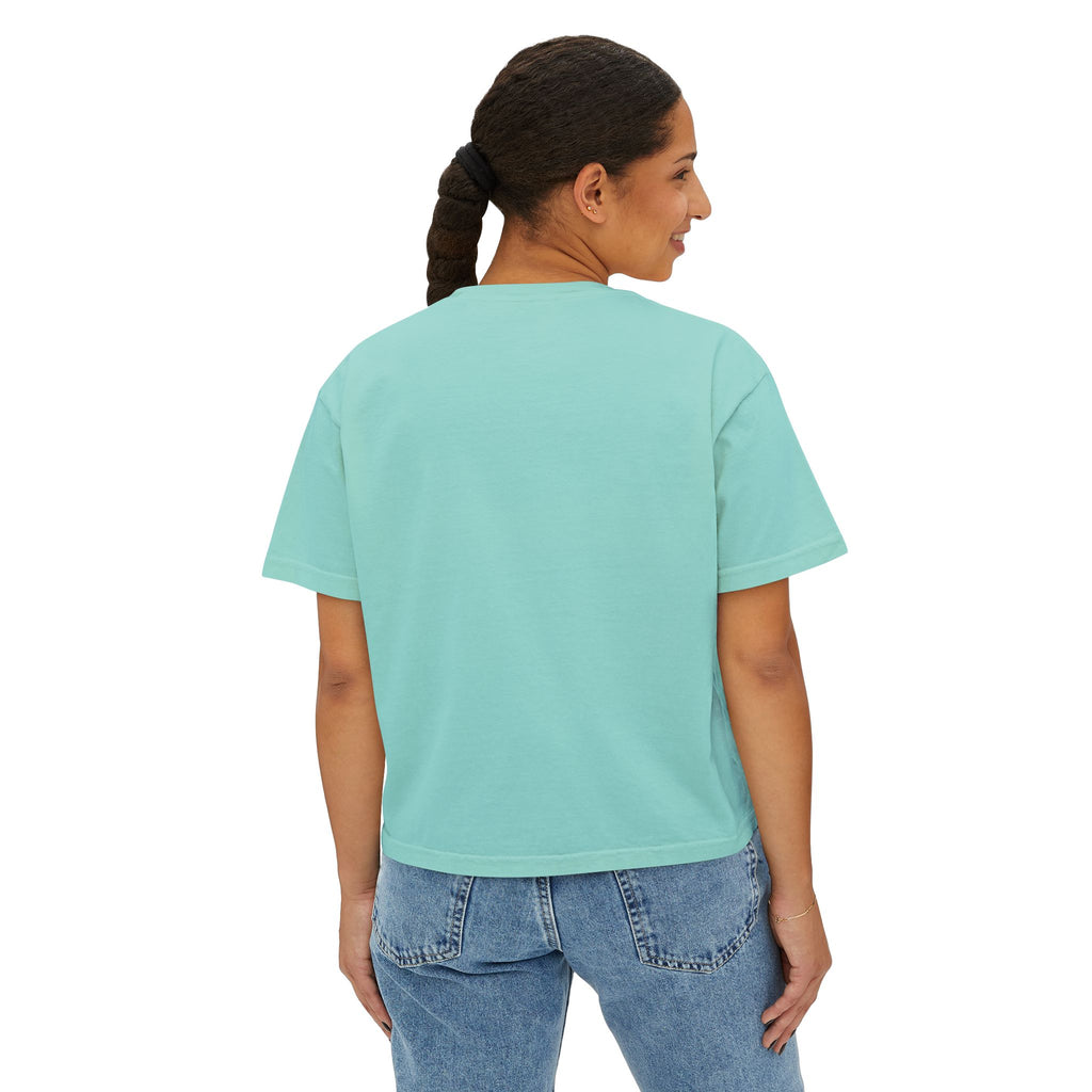 Women’s Boxy Tee — “More Coffee Less Hustle” Minimal Graphic Crop Shirt