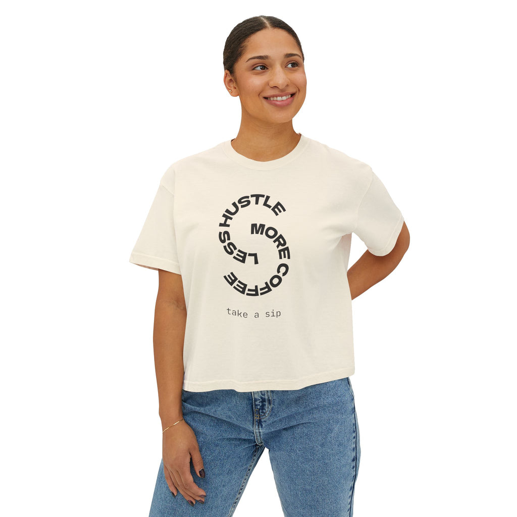 Women’s Boxy Tee — “More Coffee Less Hustle” Minimal Graphic Crop Shirt