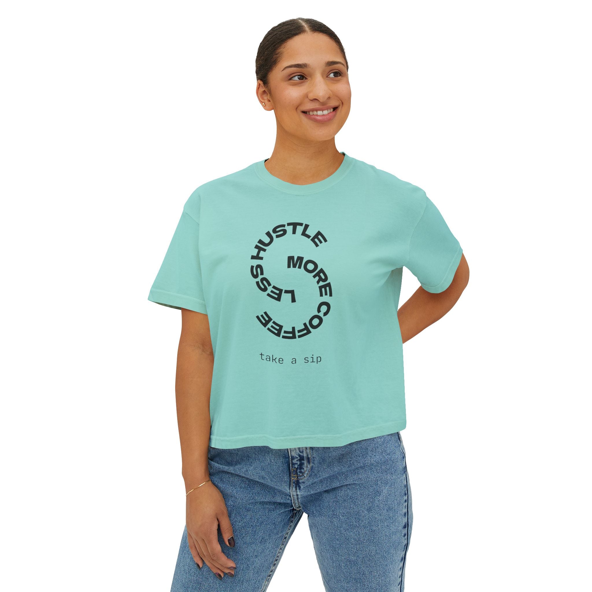 Women’s Boxy Tee — “More Coffee Less Hustle” Minimal Graphic Crop Shirt