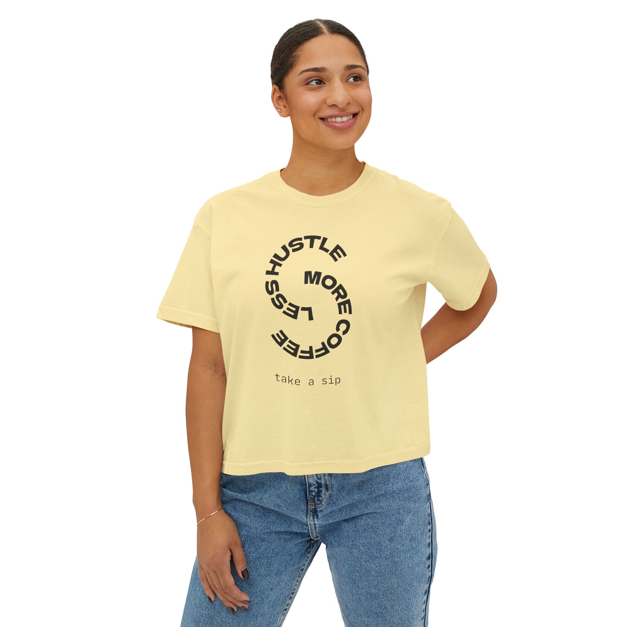 Women’s Boxy Tee — “More Coffee Less Hustle” Minimal Graphic Crop Shirt
