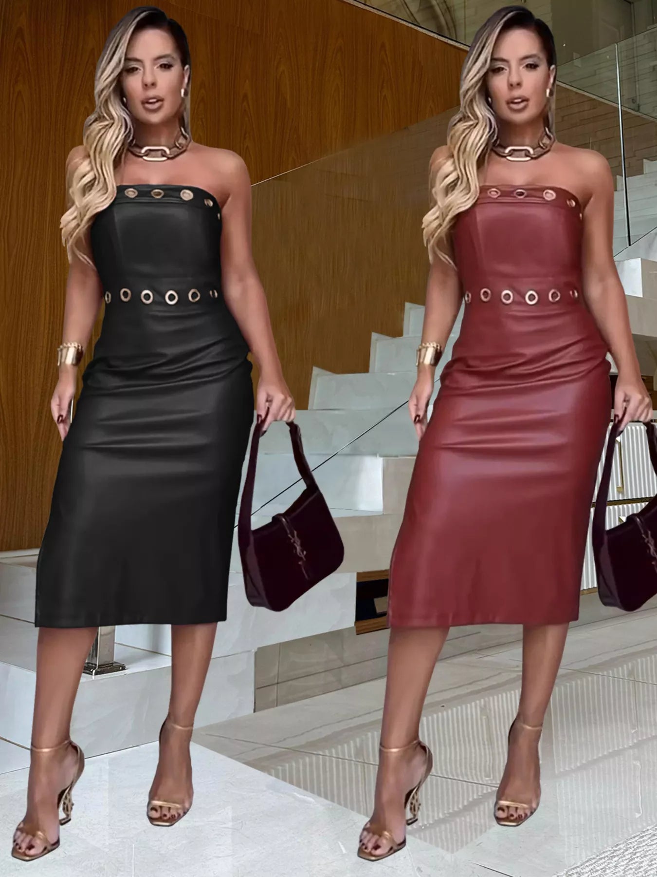 “Women’s slit tube bodycon midi dress with zipper closure, front view”
